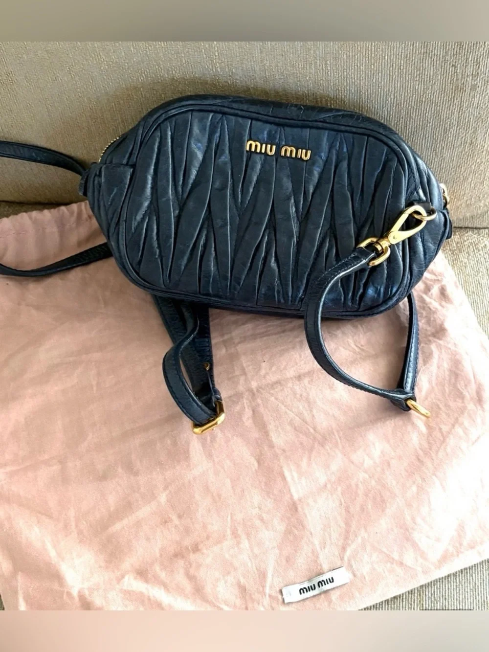 Miu Miu Quilted Navy Leather Crossbody with Gold Hardware